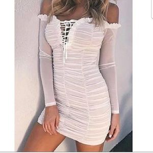 Ruched off shoulder dress revolve